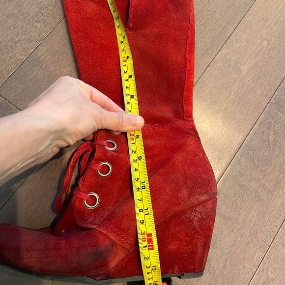 Suede Mid Calf Red Wedge Boot - Picture 3 of 5